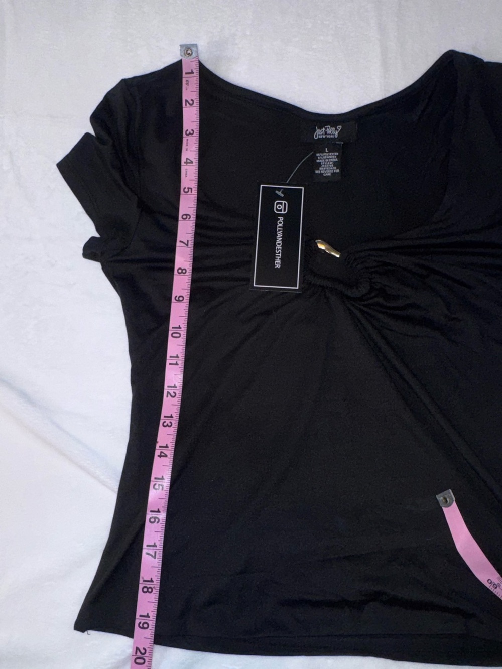 Just Polly Black Ruched Ring Front Stretch Top NWT Large - Picture 9 of 10